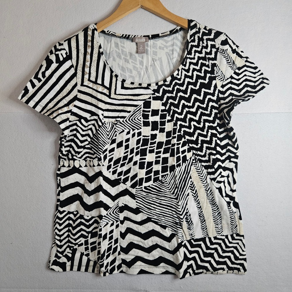 Chicos Black White Geometric Patchwork Print Short Sleeve Knit Top Size 2 L